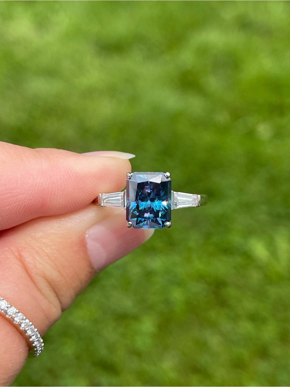 Blue and White Moissanite Ring